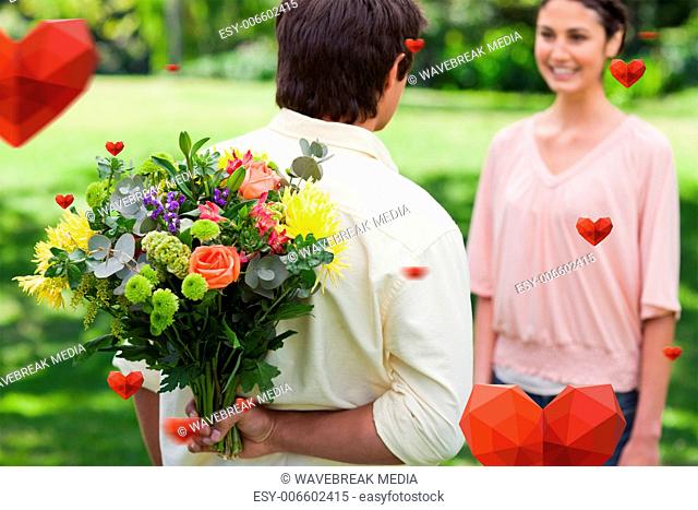 Composite image of man about to present a bouquet of flowers to his friend