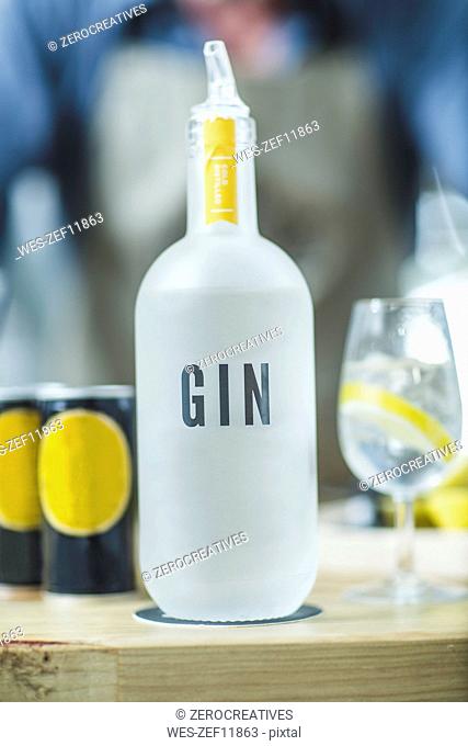 Bottle of gin in distillery