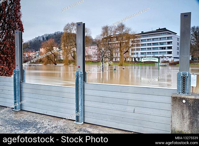 Flood, Saale river, Rosengarten Klinik Heiligenfeld, Bristol Hotel, Saale shipping, flooded, Bad Kissingen, Franconia, Bavaria, Germany, Europe