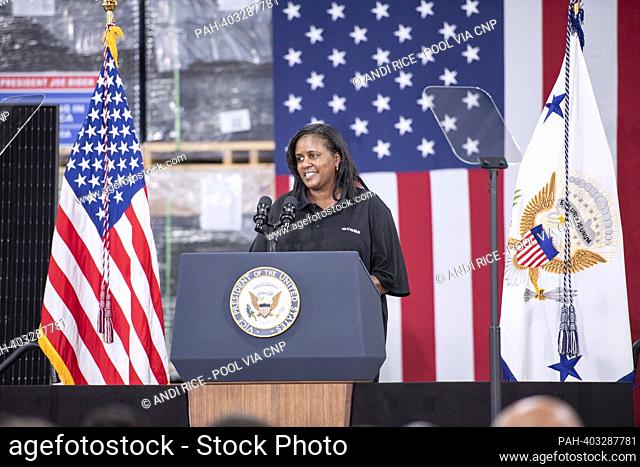 Qcells representative Kimberly Richardson, introduces United States Vice President Kamala Harris makes remarks on the Biden-Harris Administration’s Investing in...