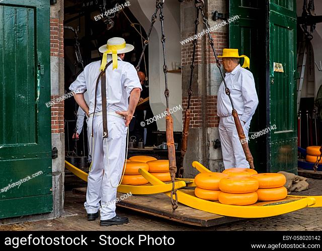 Alkmaar, Netherlands - April 28, 2017: Cheese carriers at traditional cheese market