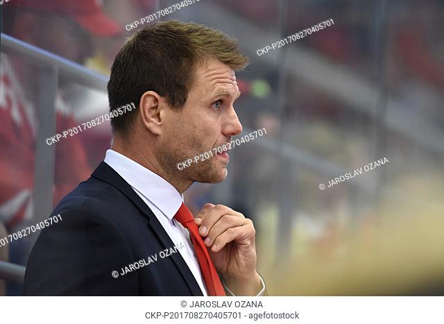 Vaclav Varada, coach of Ocelari Trinec, is seen during the Group D match of the Champions Hockey League Ocelari Trinec of Czech Republic vs Mannheim of Germany...