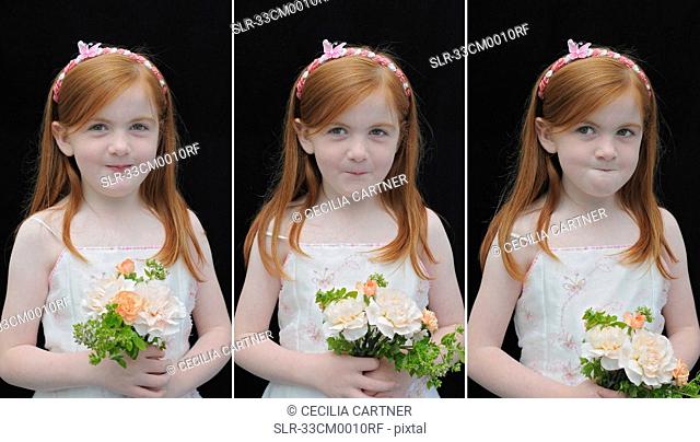 Triptych of smiling girl holding flowers