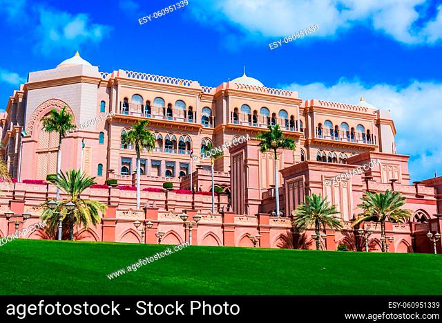 ABU DHABI, UNITED ARAB EMIRATES - FEB 13, 2019: Emirates Palace, luxury five star hotel in Abu Dhabi, United Arab Emirates operated by Kempinski since November...