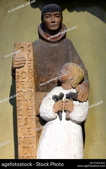Joseph and Jesus Christ carpenter. Wooden statue. Church of Notre-Dame de la Gorge. Les Contamines-Montjoie. Haute-Savoie. Auvergne Rhône-Alpes