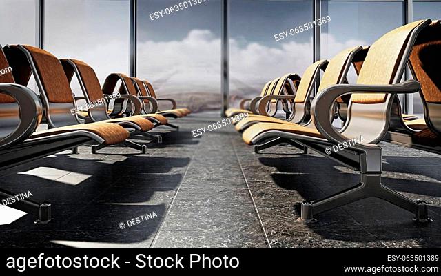 Airport seats in the waiting lounge of an airport. 3D illustration
