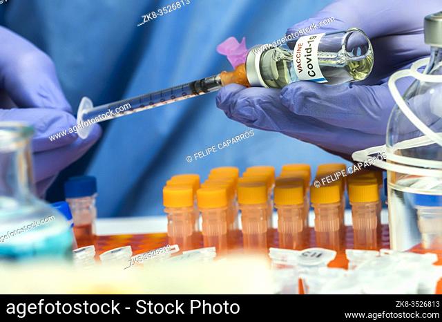 Nurse drawing with a syringe Coronavirus covid-19 experimental vaccine in a hospital, conceptual image