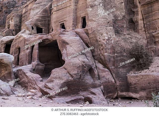 Street of Façades. Tombs and caves. Petra Archaeological Park, Petra. UNESCO World Heritage Site, one of the new Seven Wonders of the World, Wadi Musa, Jordan