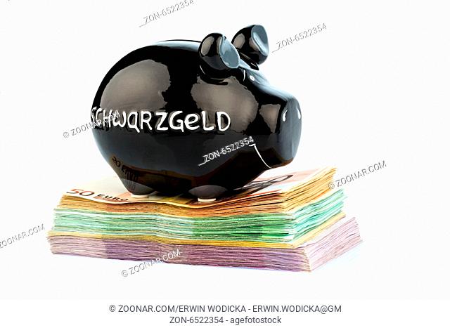 Schwarzes Sparschwein auf Geldscheinen, Symbolfoto für Schwarzgeld, Steuerbetrug und Geldwäsche