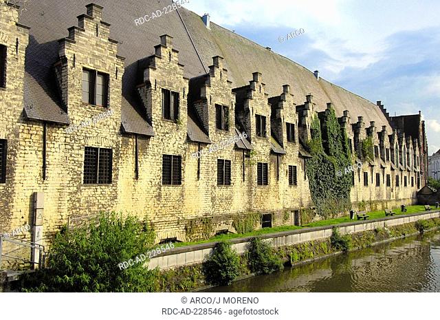 Gothic Meat hall, former butcher house, today cafe, river Leie, Ghent, East Flanders, Belgium