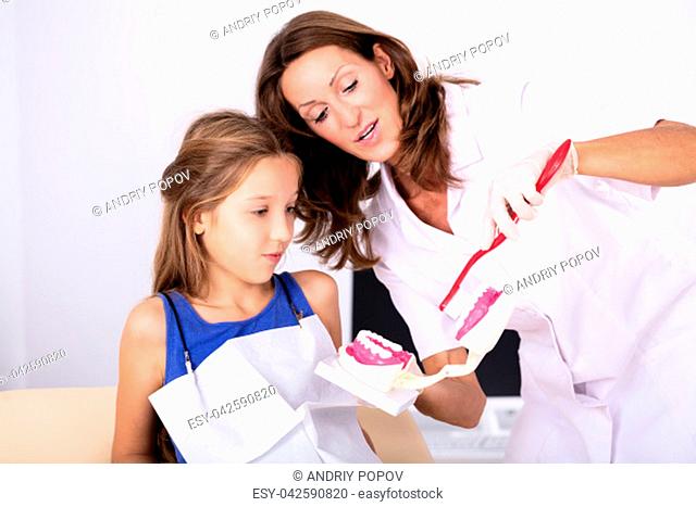 Girl Looking At Female Dentist Cleaning Teeth Model With Toothbrush