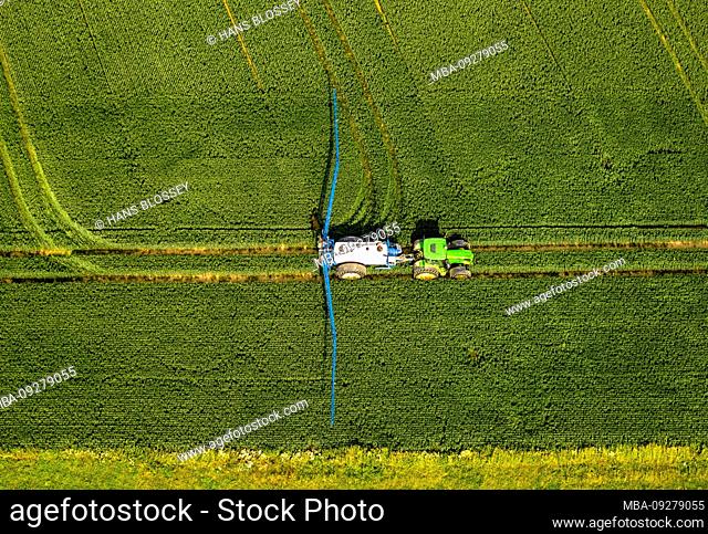 Aerial view of a tractor spraying insecticides on a field at Westönner Bundesstrasse, Mawicker Bundesstrasse and Autobahn A44 with fields and meadows in Werl in...