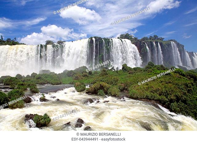 View of a section of the Iguazu Falls, from the Brazil side. Iguazu Falls are waterfalls of Iguazu River on the border of the Argentine province of Misiones and...