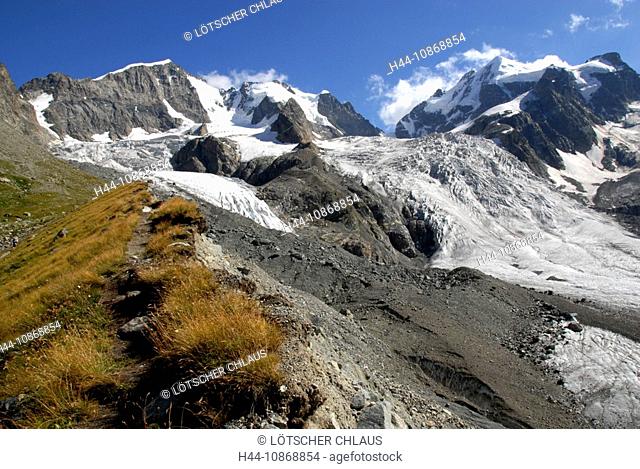 Switzerland, Graubünden, Grisons, glacier, moraine, Roseg, Piz Bernina, Piz Scerscen, Engadin, mountains, Alp, alpine, Alps