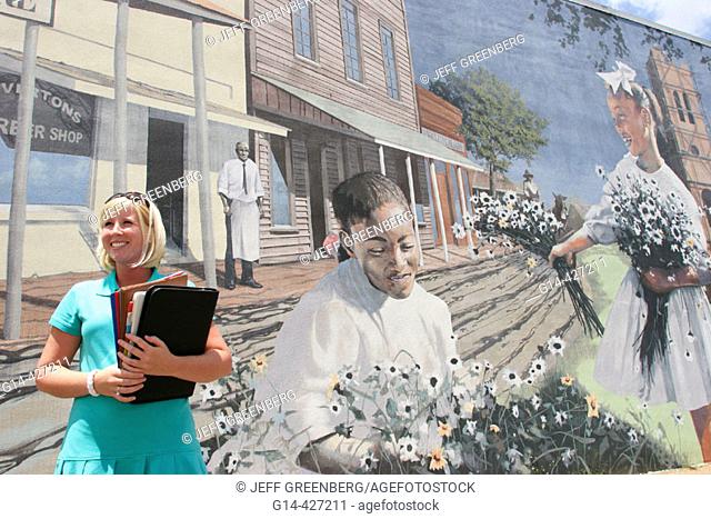 Historic District, Cherry Street A.M.E. Church mural, White businesswoman. Dothan, Wiregrass Region. Alabama. USA