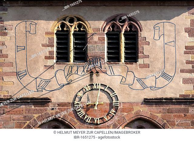 Sundial and clock on the tower of the parish church of St. Anna, Place de l'Eglise, Turckheim, Alsace, France, Europe