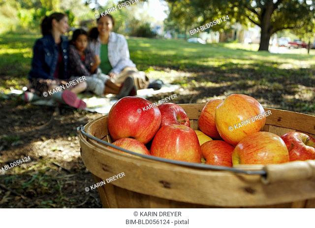 Basket of apples with family in background