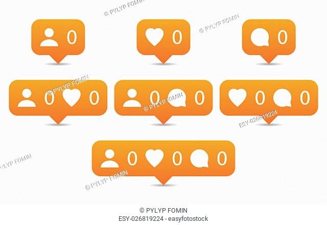 Like, follow, comment icons in flat style. Orange notification tooltip with heart, user, speech bubble, counter and shadow on white background. Set 01