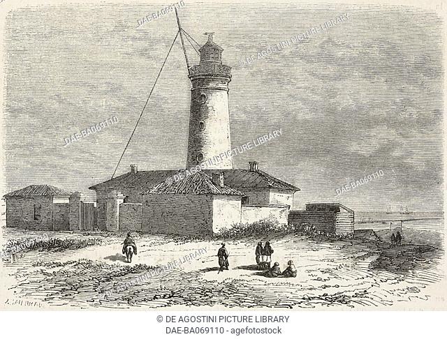 Lighthouse at the mouth of the Danube River, Sulina, Romania, engraving from a photograph by Schwartz, from L'Illustration, Journal Universel, vol 38, no 977