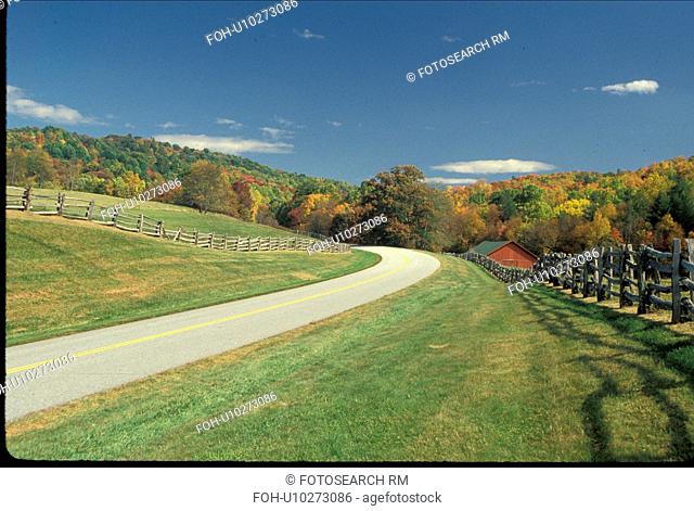 road, Blue Ridge Parkway, North Carolina, NC, Fence along Blue Ridge Parkway at Julian Price Memorial Park in the fall