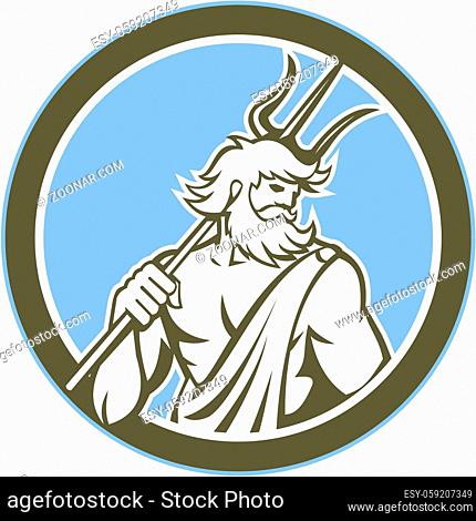 Illustration of Roman god of sea Neptune Poseidon of Greek mythology holding a trident on shoulder set inside circle on isolated background done in retro style