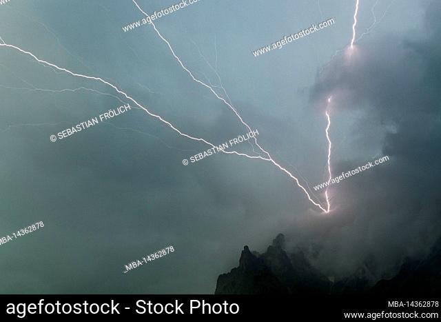 Thunderstorm lightning discharge into the western Karwendelspitze above Mittenwald