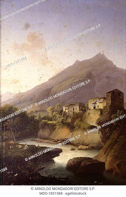 Torrent in a valley (Torrente in una valle), by Marco Gozzi, 19th century, oil on canvas. Italy, Lombardy, Milan, Brera Collection. Whole artwork view