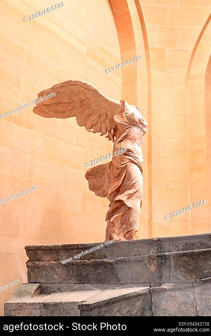 Paris, France, March 28 2017: Close up of the Victory of Samothrace - Nike of Samothrace: marble sculpture of the Greek goddess of Victory