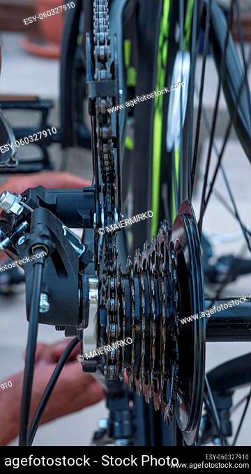 close-up of the rear and front chain shift chainring adjustment of a MTB mountain bike