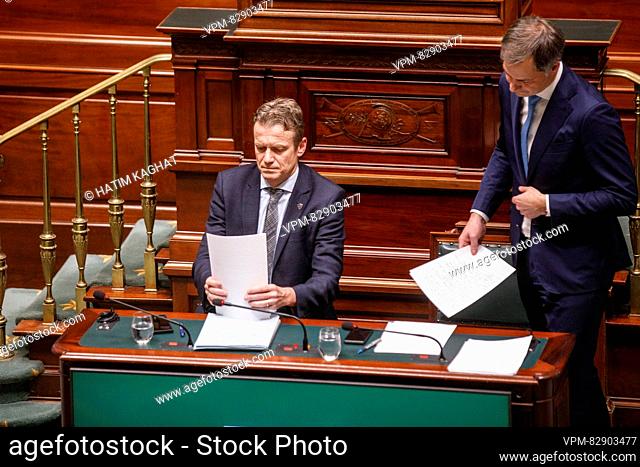Minister of Justice Paul Van Tigchelt and Prime Minister Alexander De Croo pitured at a plenary session of the Chamber at the Federal Parliament in Brussels on...
