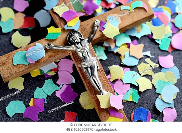 Cross and colourful confetti, Catholic church renewal