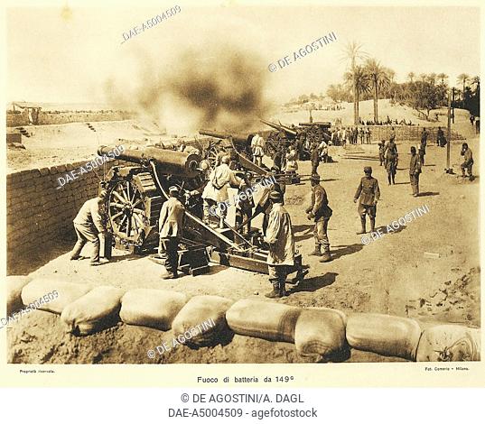 Italian heavy artillery, 149 battery, Italian propaganda postcard. Italo-Turkish War (1911-1912), Libya, 20th century.  Rovereto
