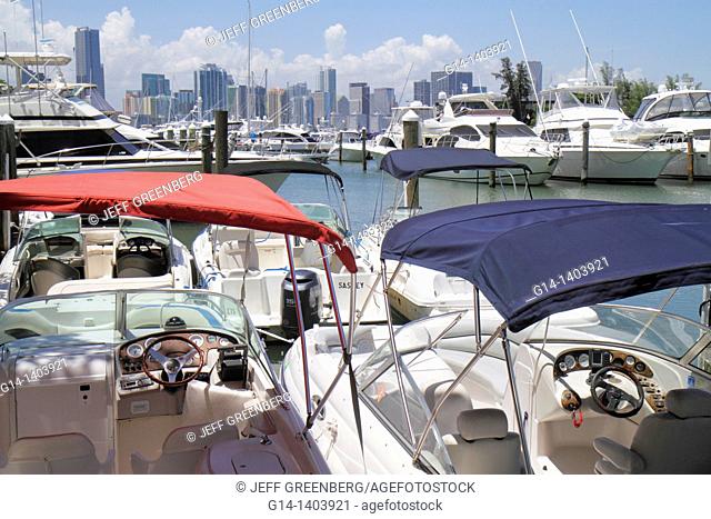 Florida, Miami, Virginia Key, Key Biscayne, Rickenbacker Marina, downtown skyline view, boats, yachts