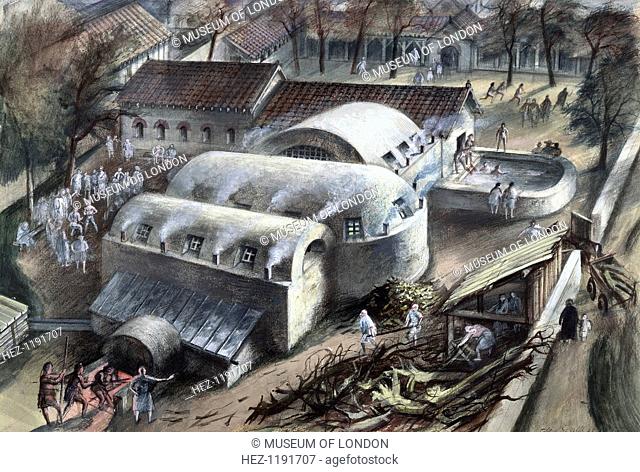 Roman baths at Cheapside, London, late 1st-2nd century. An artist's impression of the baths; on the left fuel is being stoked into the furnace