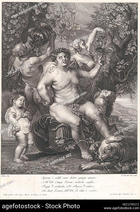 Bacchus seated on a barrel in front of grapevines, with bacchantes, satyrs, and children s.., 1758. Creator: Pietro Peiroleri