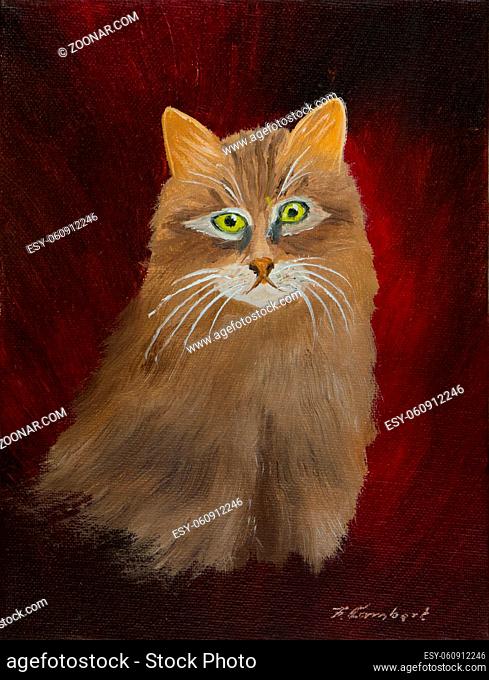 Ölbild von einer beige goldeneen Katze die vor einem roten Hintergrund sitzt