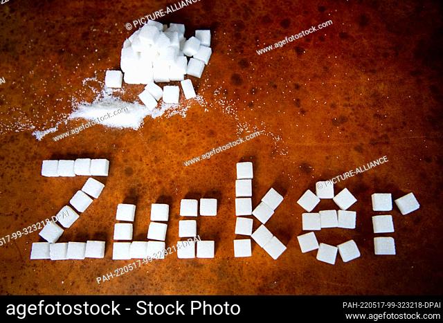 11 May 2022, Bremen: ILLUSTRATION - A sugar lettering made of sugar cubes is set against white sugar and a tower of sugar cubes on a dark background