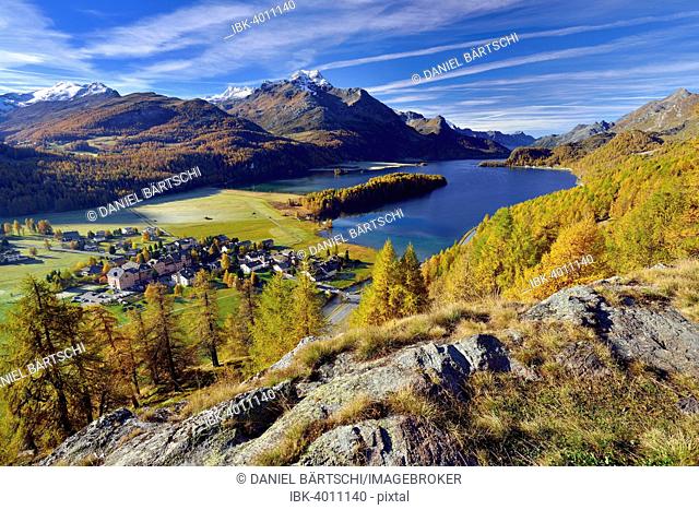 Views of Lake Sils and Piz da la Margna in autumnal Upper Engadine Sils-Baselgia, Engadin, Grisons, Switzerland