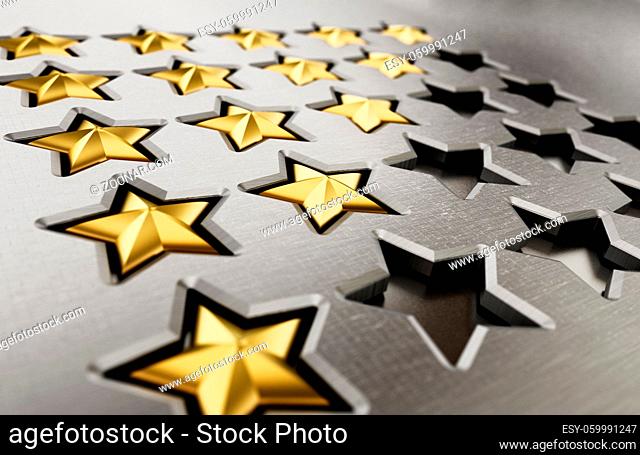 Rating stars table with 5, 4, 3, 2, 1 stars. 3D illustration