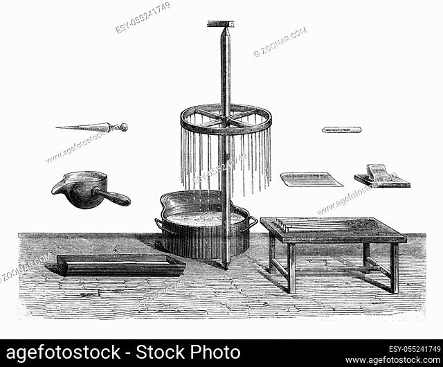 Utensils for making candles, vintage engraved illustration. Magasin Pittoresque 1873