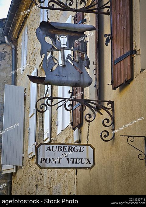 hotel sign attached to a wall, Nerac, Lot-et-Garonne Department, Nouvelle-Aquitaine, France