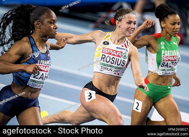 Belgian Rani Rosius pictured in action during the semi finals of the women 60m race at the European Athletics Indoor Championships, in Torun, Poland