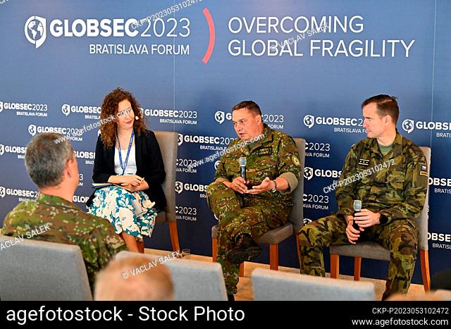 Slovak Chief of the General Staff Daniel Zmeko, center, and Czech Chief of the General Staff Karel Rehka, right, attend the Globsec 2023 Bratislava Forum