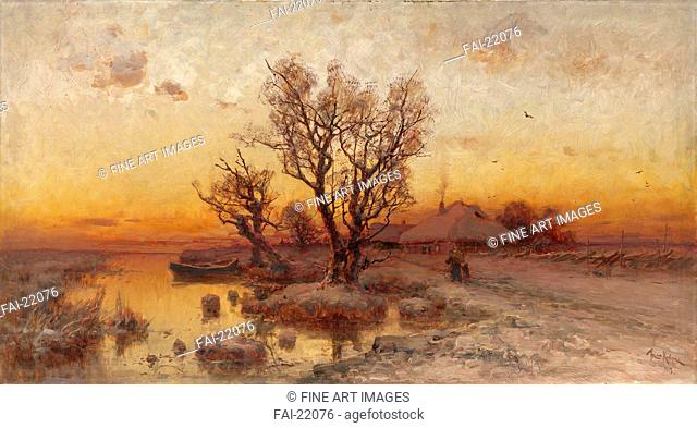 Sunset over a Ukrainian Hamlet. Klever, Juli Julievich (Julius), von (1850-1924). Oil on canvas. Realism. 1915. Russia. Private Collection. 78, 5x143