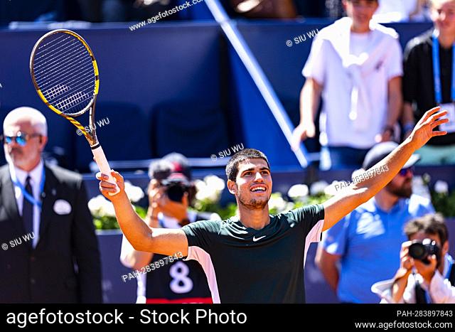 Carlos Alcaraz of Spain celebrates after winning the match against Alex de Minaur of Australia following the Barcelona Open Banc Sabadell tennis match at the...
