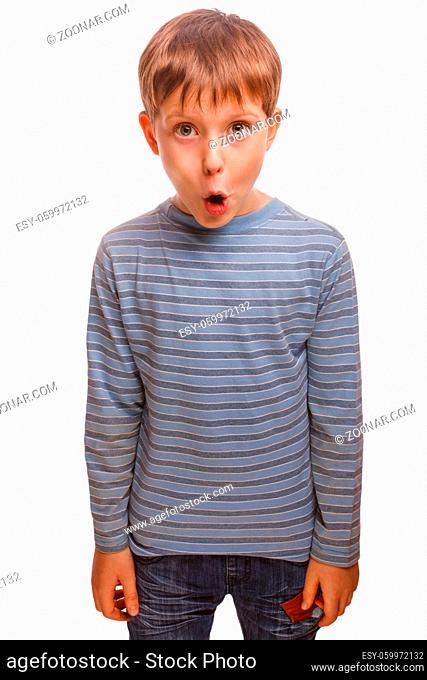 kid blond man raised his hands up boy surprised in striped sweater and jeans isolated