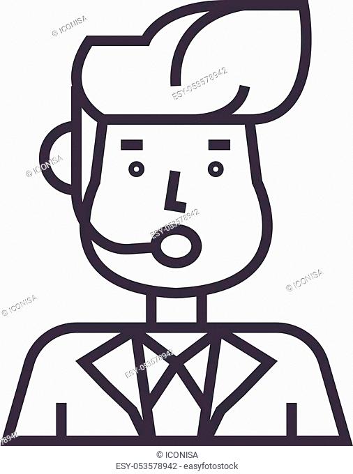 reporter man, news broadcasting vector line icon, sign, illustration on white background, editable strokes