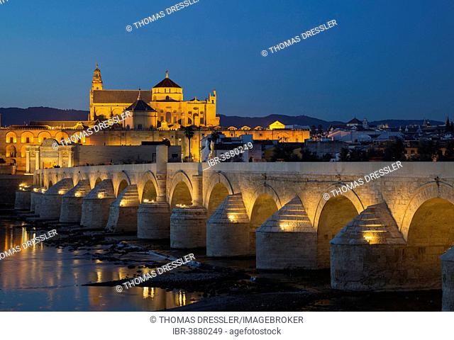 Puente Romano, spanning the Guadalquivir river, and the Mezquita at the back, illuminated at dusk, Córdoba, Córdoba province, Andalusia, Spain
