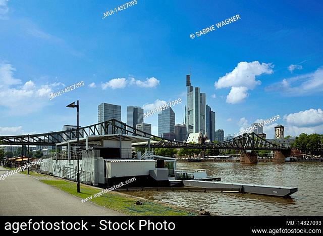 View across the bridge Eiserner Steg to the banking district in Frankfurt am Main