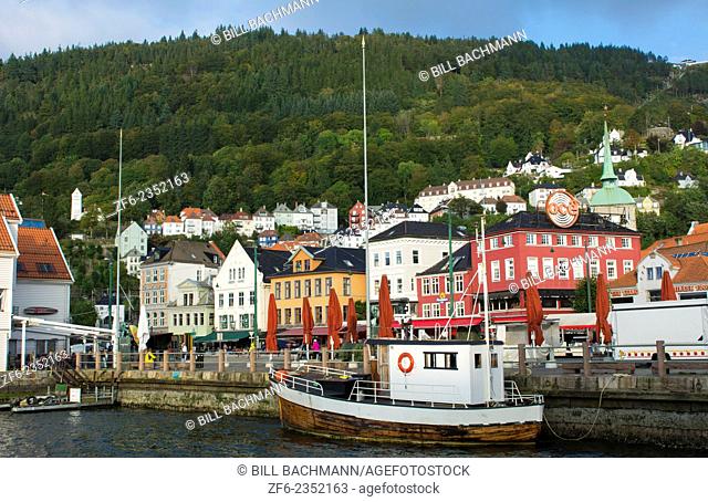 Bergen Norway Bryggen old town old and harbor with pier buildings and area for tourists in BRYGGEN area scenic color